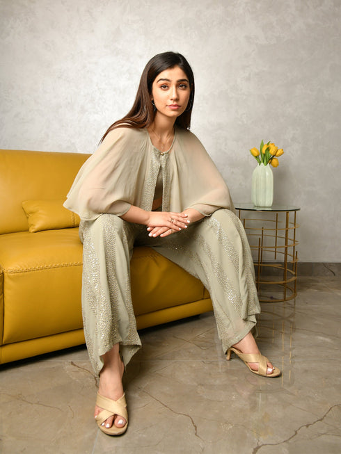 MULMUL DIPTA SAGE GREY SEQUIN GEORGETTE CO-ORD SET MULMUL DIPTA SAGE GREY SEQUIN GEORGETTE CO-ORD SET